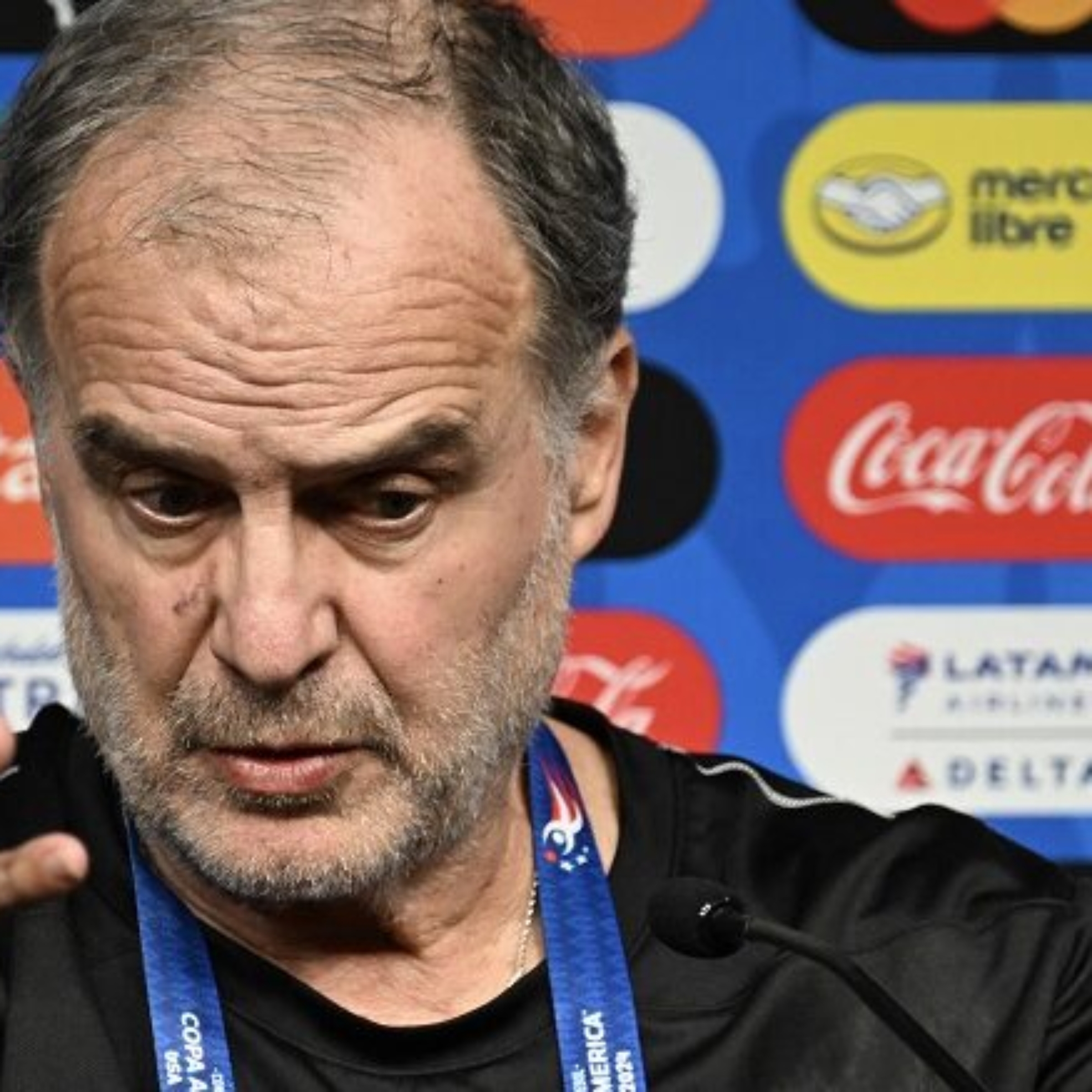 LAS VEGAS, NEVADA - JULY 05: Head coach Marcelo Bielsa of Uruguay speaks at a CONMEBOL Copa America 2024 press conference at Allegiant Stadium on July 05, 2024 in Las Vegas, Nevada.  (Photo by Candice Ward/Getty Images)